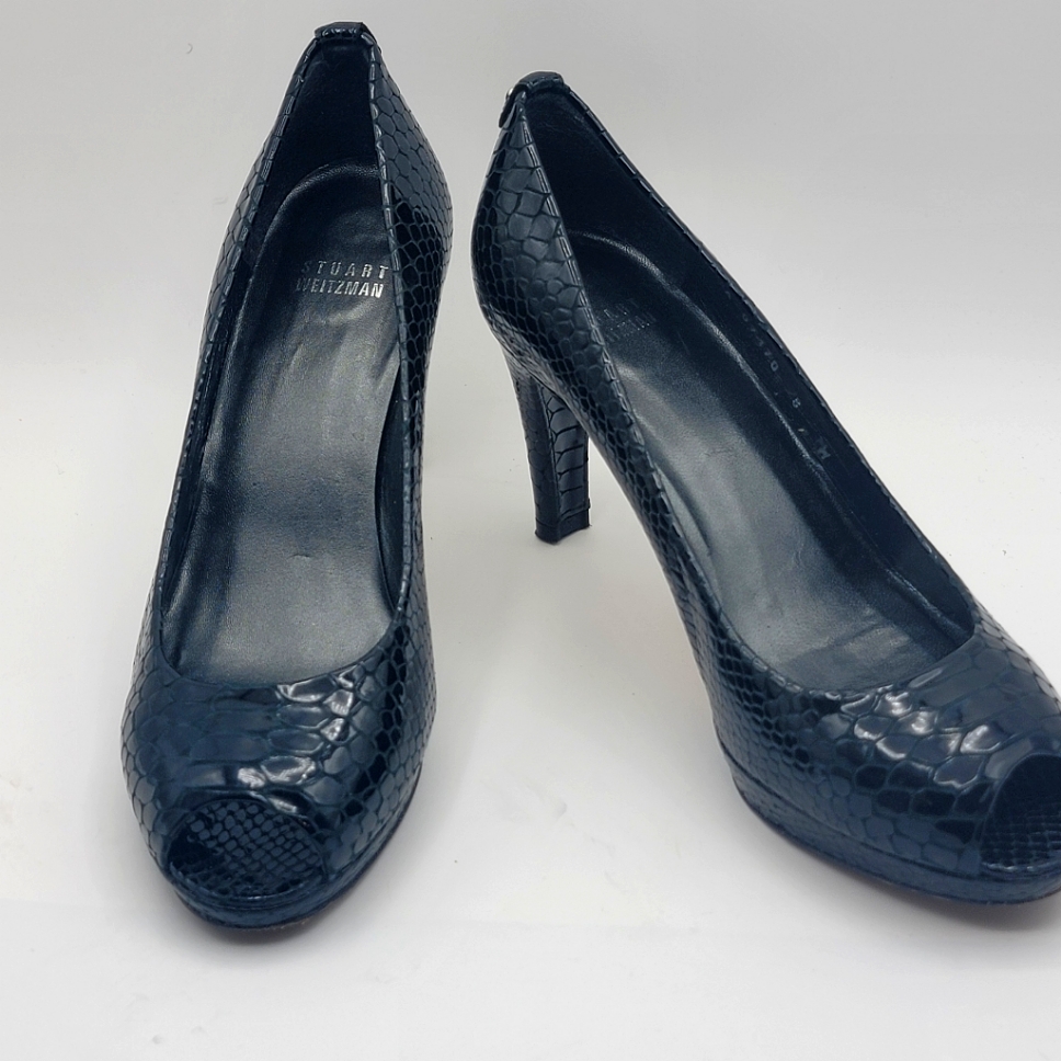 Stuart Weitzman, Blue/Black Snake Skin Peeptoe Heels. Size 8m. #1213